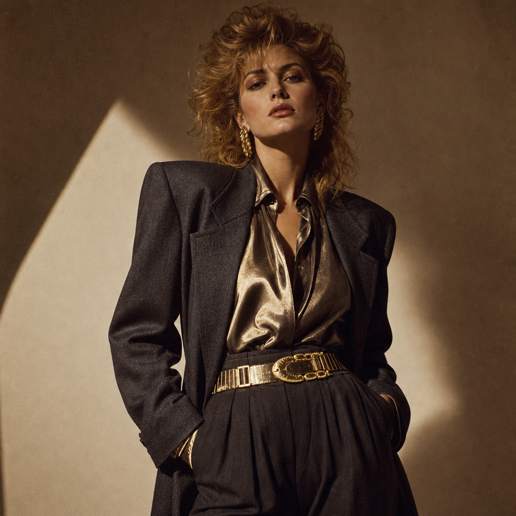 Studio shot of a bold 80s statement look featuring a structured blazer, metallic accents, and strong shoulder lines