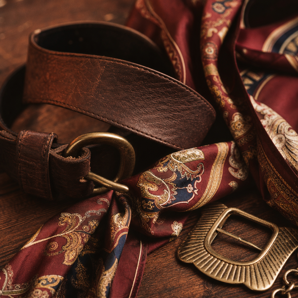 Close-up of a rare vintage accessory set including a patterned silk scarf, leather belt, and brass buckle