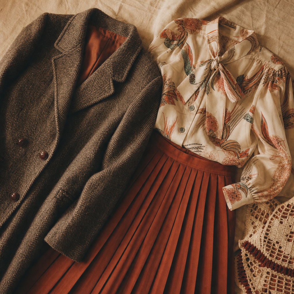 Editorial flat lay of vintage garments on warm-toned fabric showing meticulous curation and quality textures