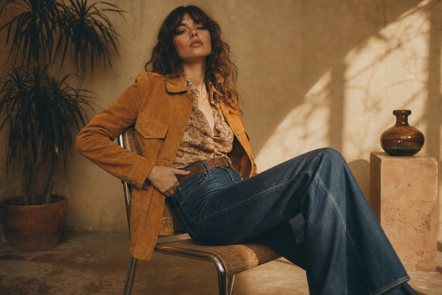Model wearing a mustard suede jacket over a patterned blouse with wide-leg denim, photographed on warm film with soft grain and boutique lighting