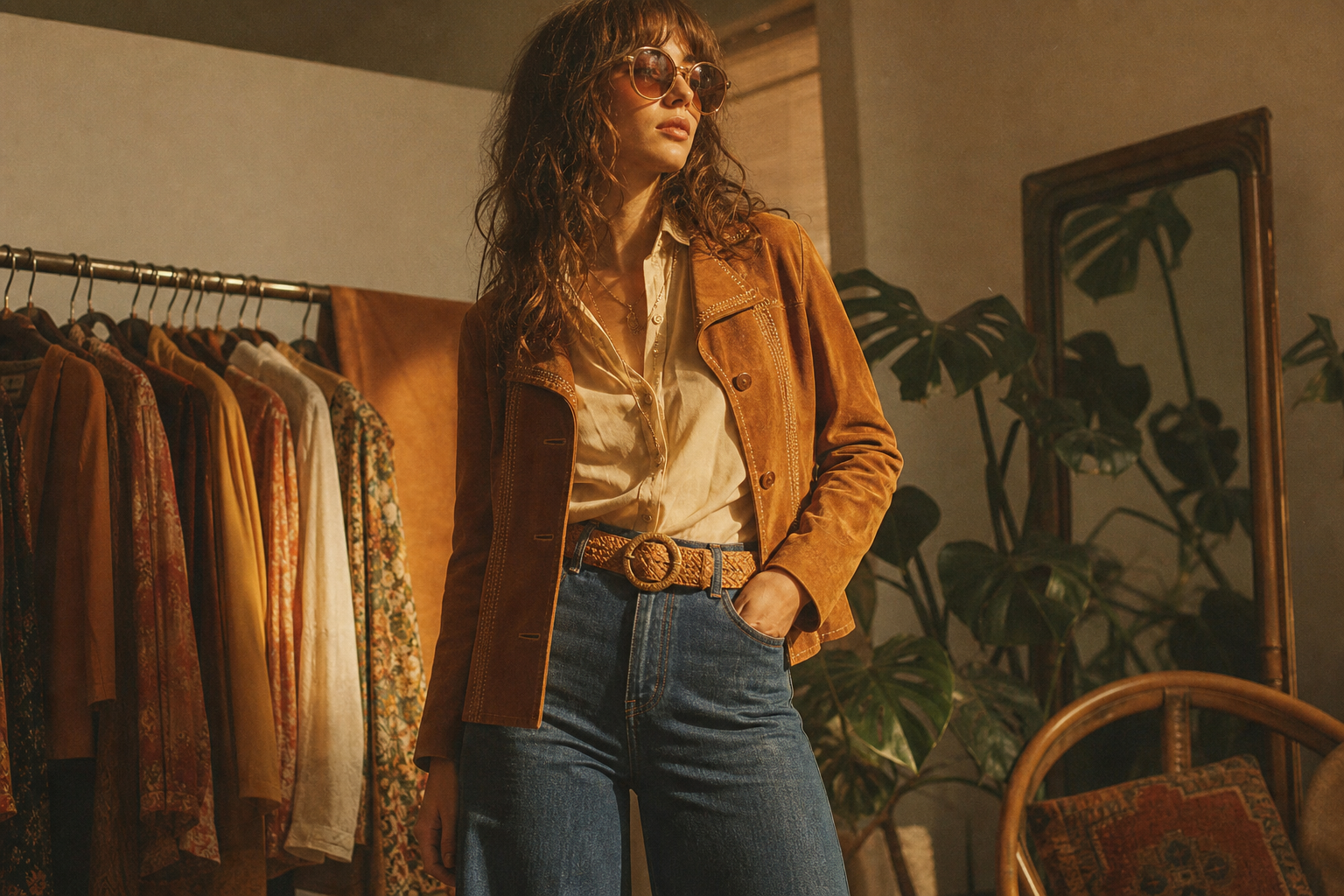 Warm film photo of a 1970s-inspired vintage outfit with suede jacket, wide-leg trousers, and soft earth-tone palette