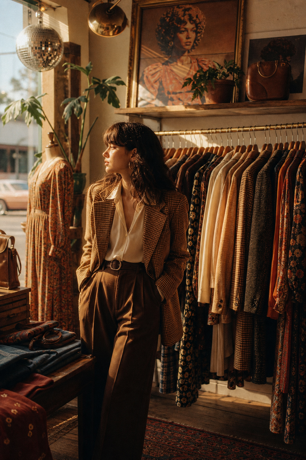 Warm film portrait of a vintage boutique display with 70s and 80s clothing on wooden racks, soft sunlight, and a nostalgic boutique ambiance