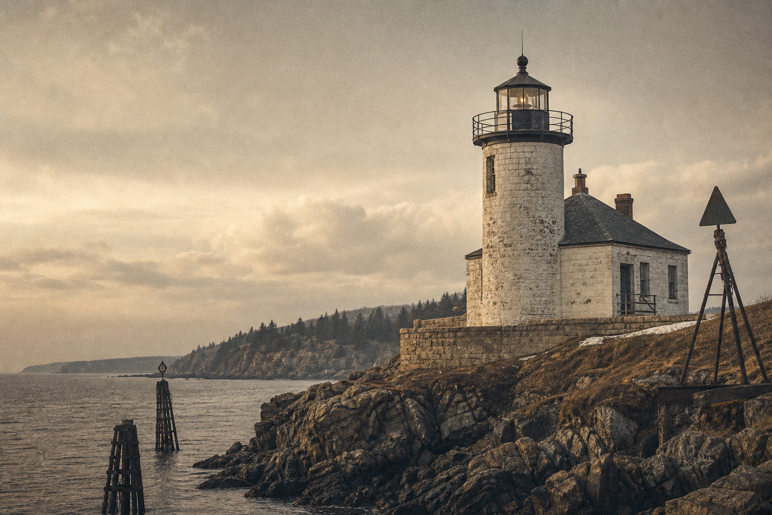 Archival coastal detail showing a weathered lighthouse on a rocky northern shoreline under muted evening light