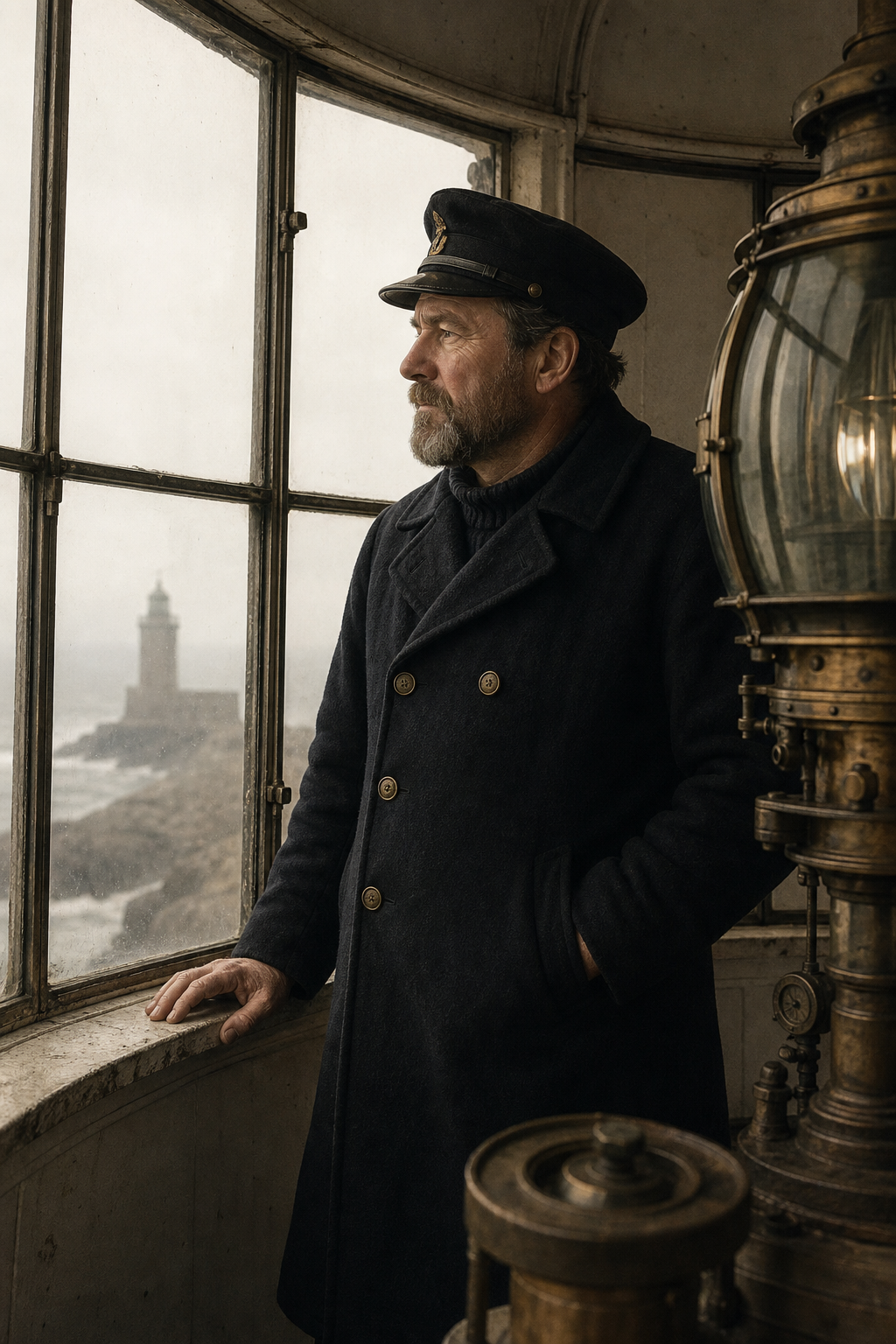 Archival portrait of a lighthouse keeper in a dark wool coat standing beside a lantern room window with sea fog outside