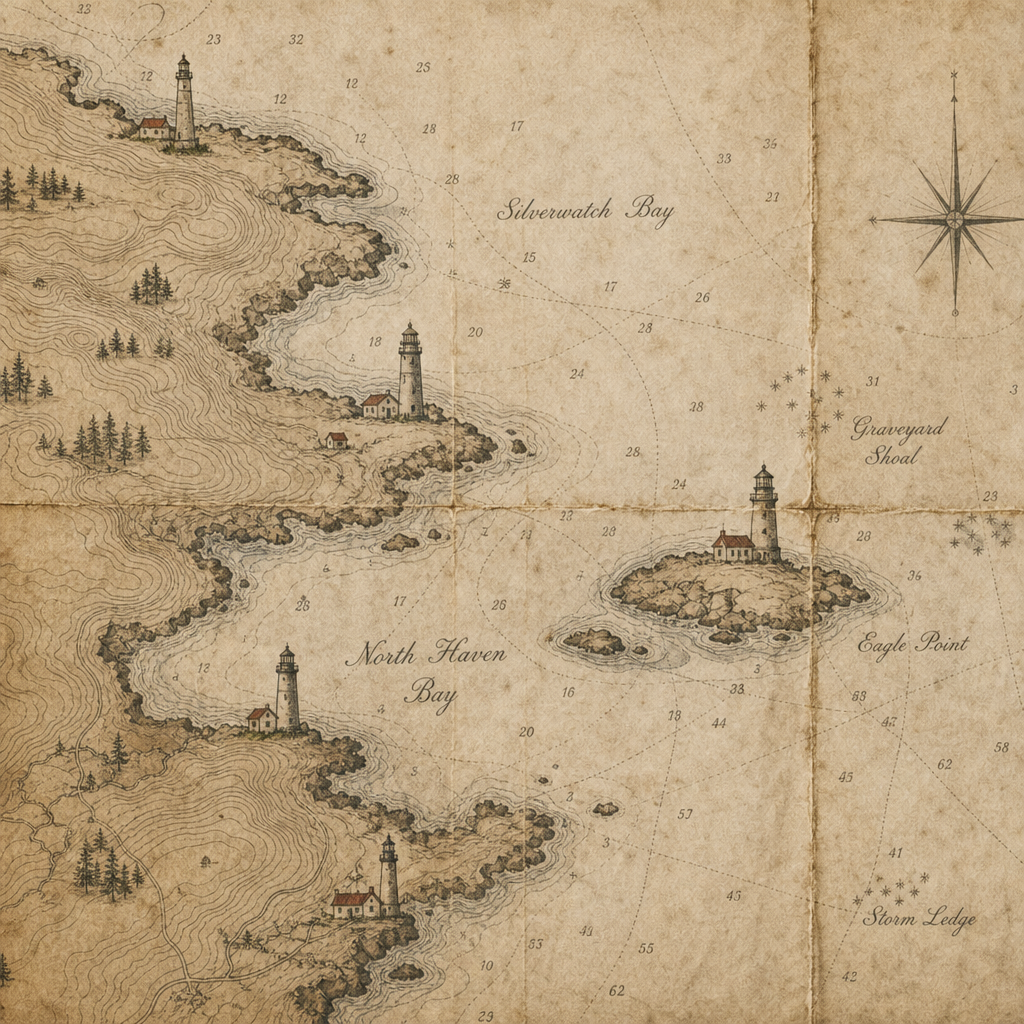 Small historic map fragment showing coastal inlets, lighthouse markers, and handwritten navigation notes