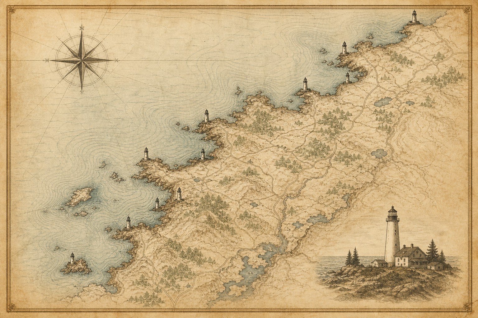 Historic-style illustrated map of the northern coast with shoreline contours and preserved lighthouse locations