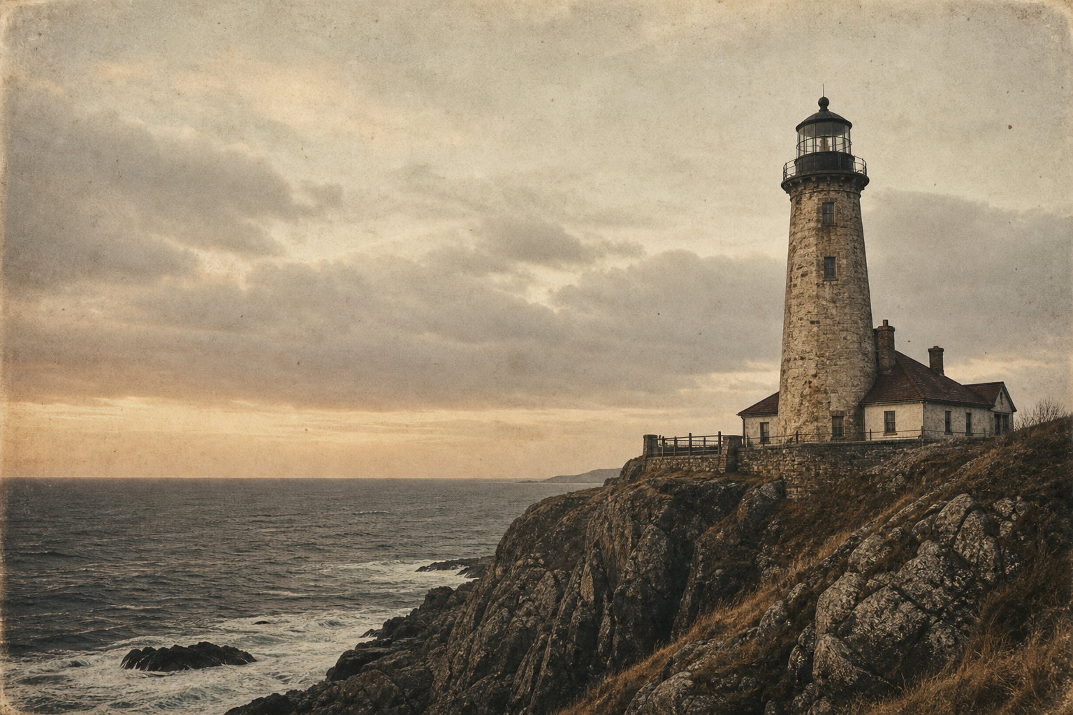 Archival-style photograph of a tall stone lighthouse on the northern coast above dark sea cliffs under a cloudy evening sky
