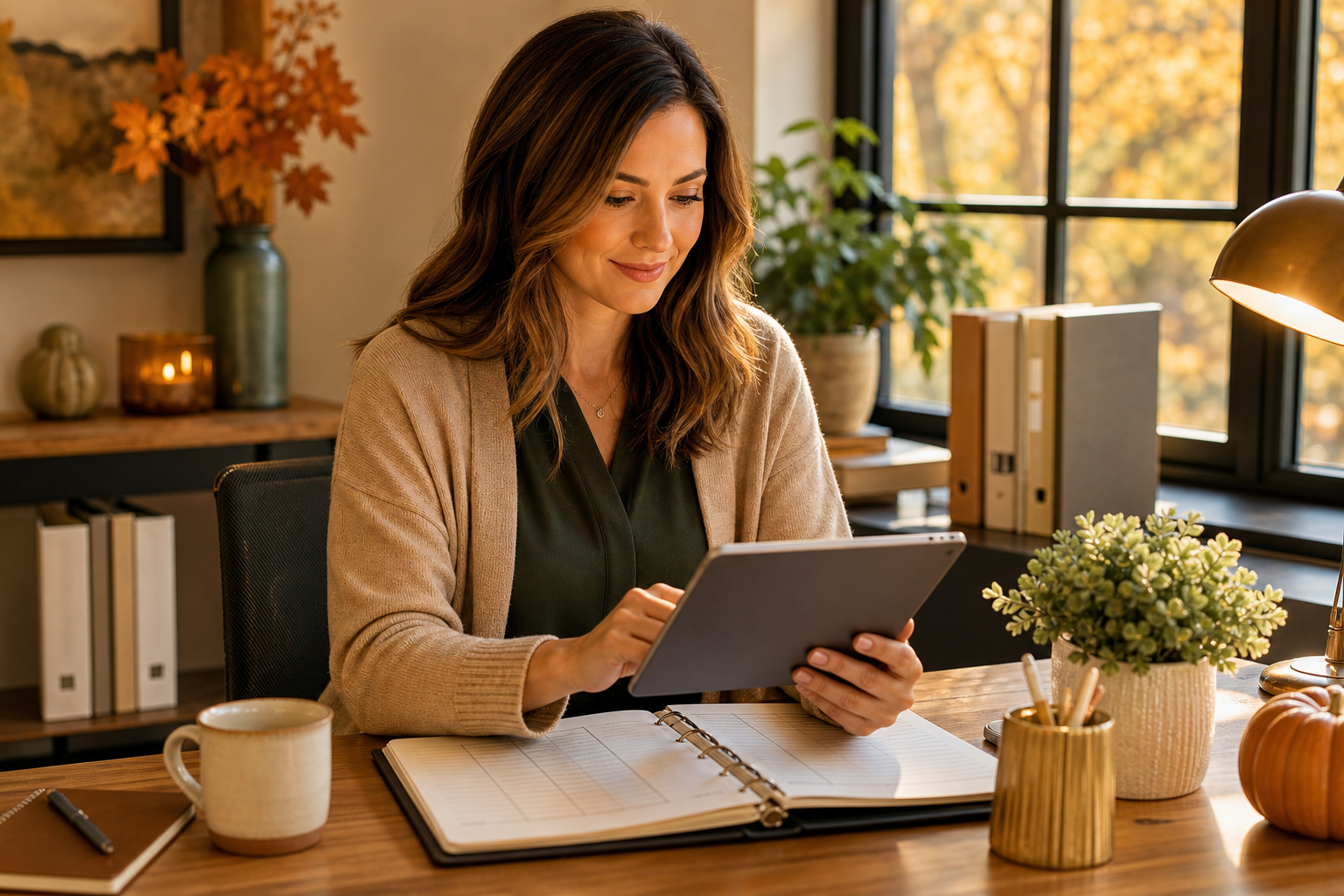 Warm professional bookkeeper reviewing a tablet beside an open ledger in a cozy, autumn-toned office with soft golden light