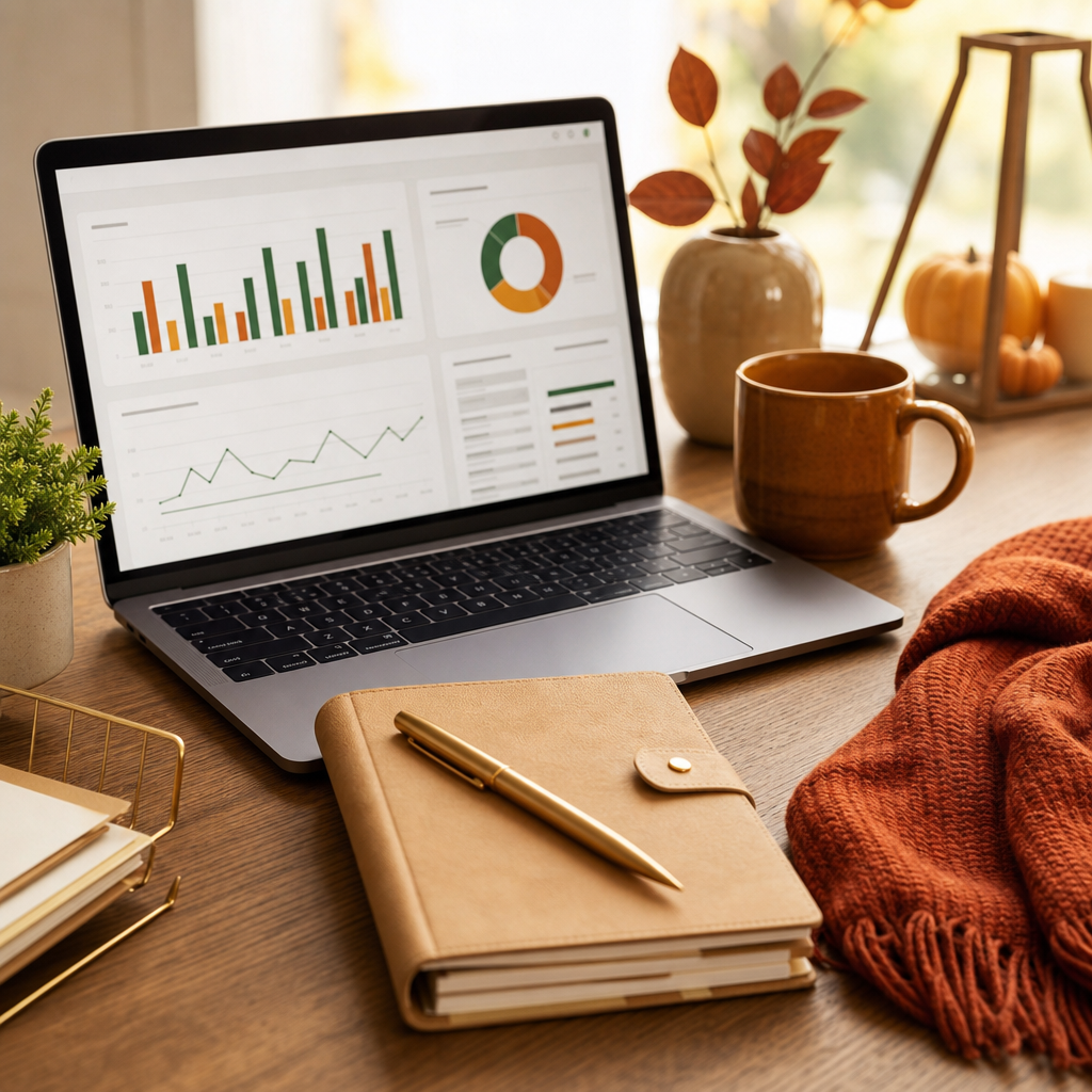 Warm, welcoming bookkeeping workspace with a laptop, ledger notebook, and autumn-toned accents