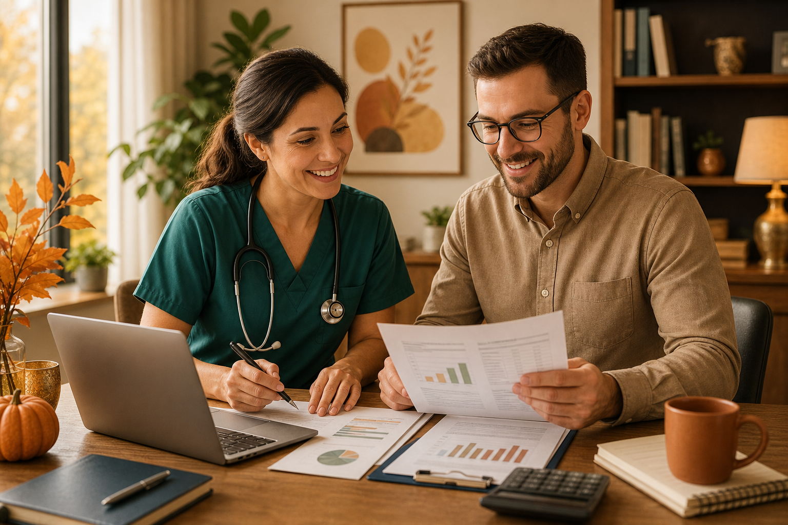 Warm, polished illustration of a diverse group of small business owners and medical professionals reviewing organized financial reports in a welcoming office