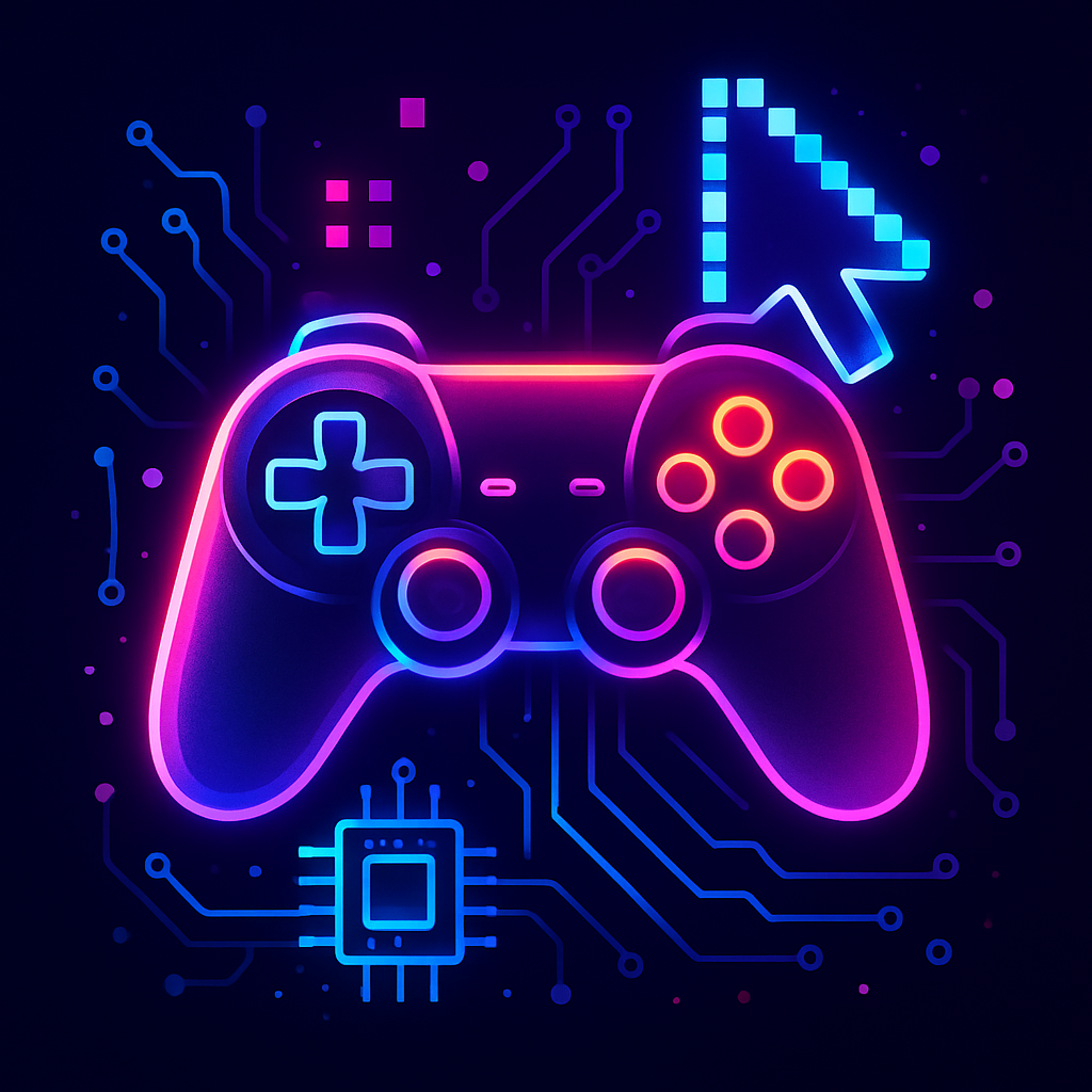 Joystick ve teknoloji simgesiyle neon vurgulu genç, enerjik görsel