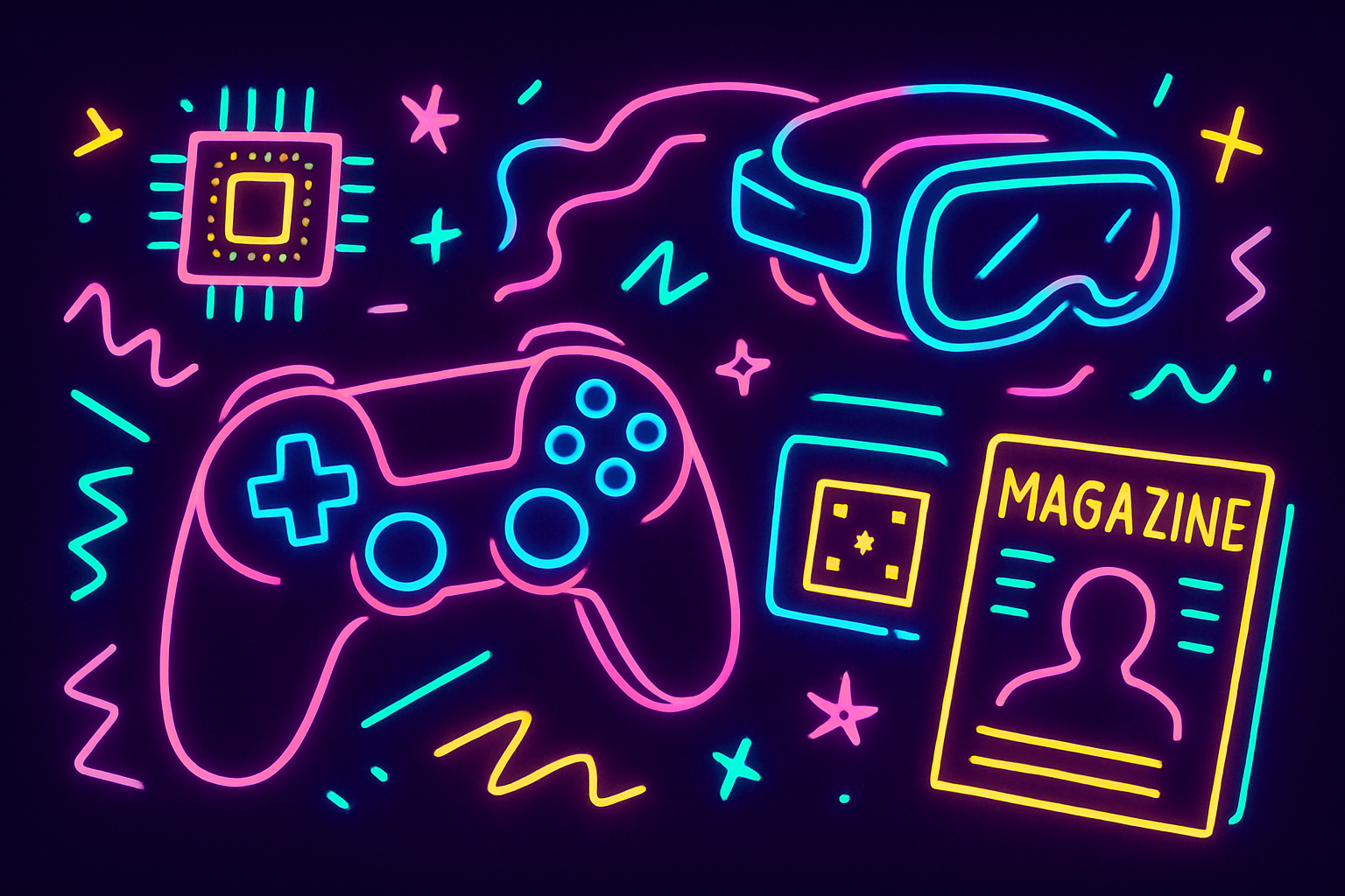 Neon oyun, teknoloji ve magazin konseptli modern görsel