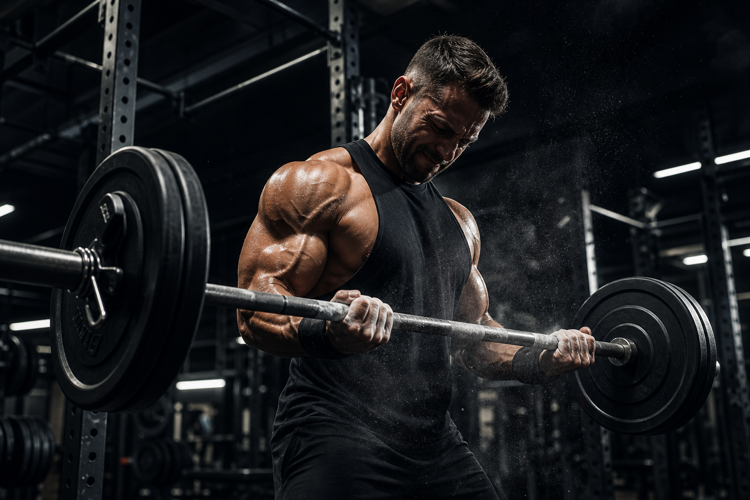 Powerful athlete performing a heavy strength-training lift in a high-performance gym
