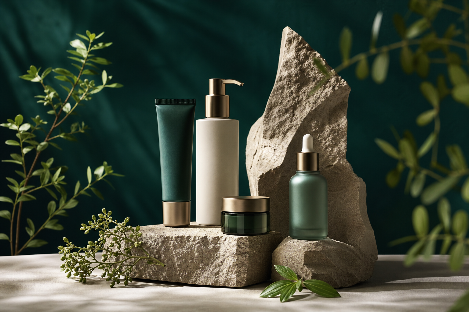 Lead portfolio cover image showing an art-directed luxury skincare campaign with editorial mint and deep teal styling