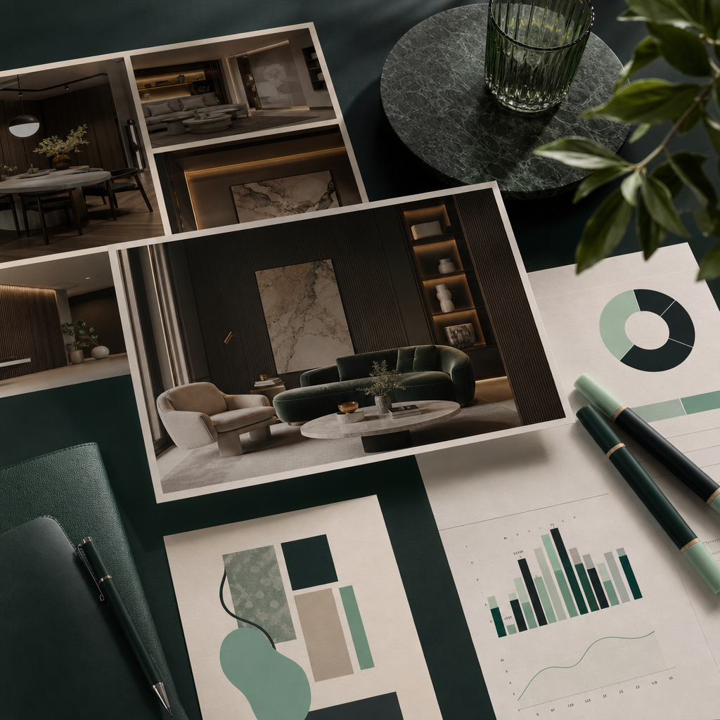 Supporting project image showing premium interiors campaign assets and a paid social performance dashboard layout
