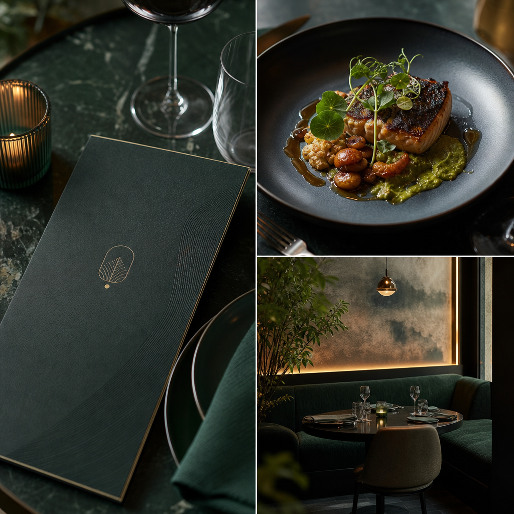 Supporting project image showing editorial hospitality rebrand stills with tactile menus and atmospheric lighting