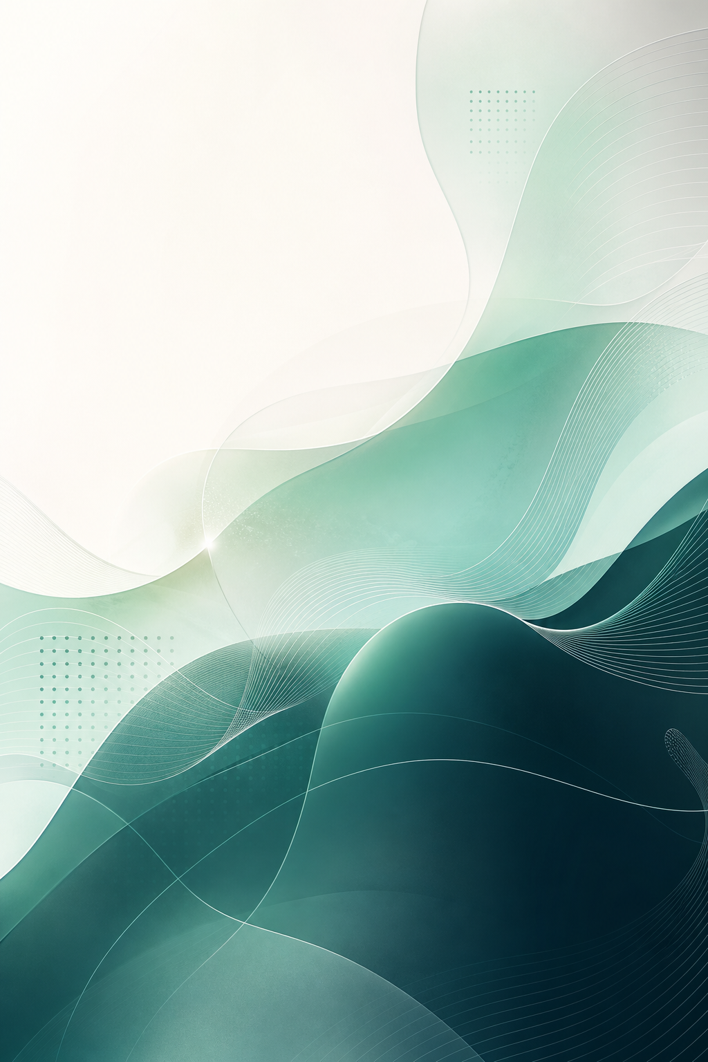 Abstract mint and teal hero illustration with layered translucent organic forms and flowing signal-like curves