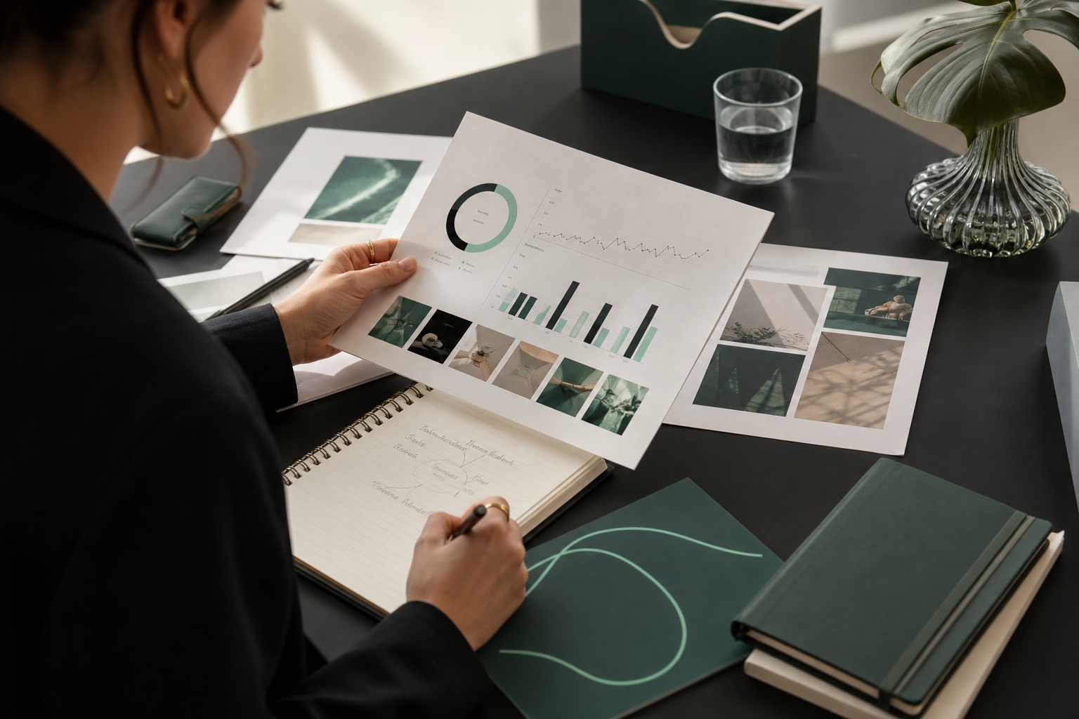 Editorial desk scene with a strategist reviewing social performance dashboards and campaign notes in deep teal and mint tones