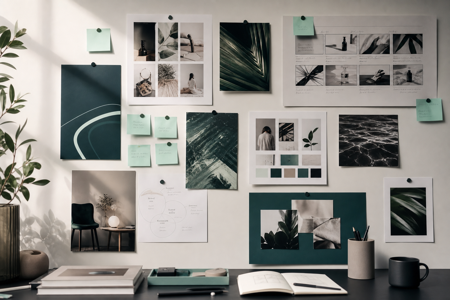 Studio content planning wall with editorial moodboards, mint sticky notes, and campaign storyboard frames