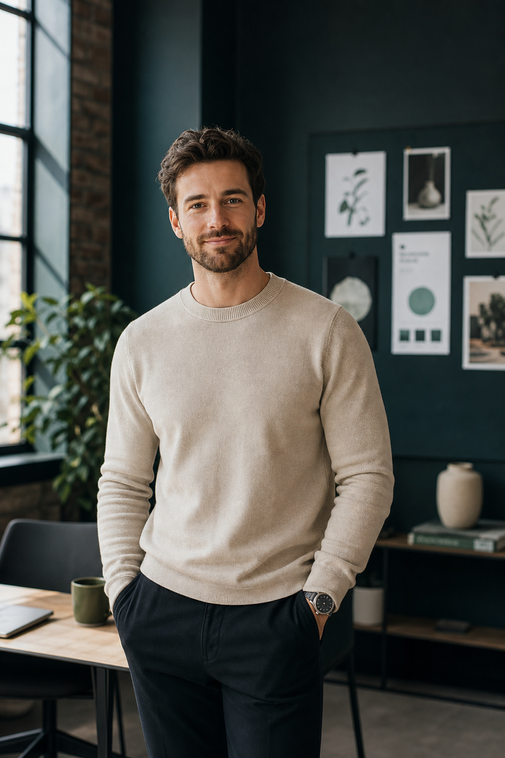 Lead strategist from Social Mint Media smiling in a deep teal studio corner with natural window light