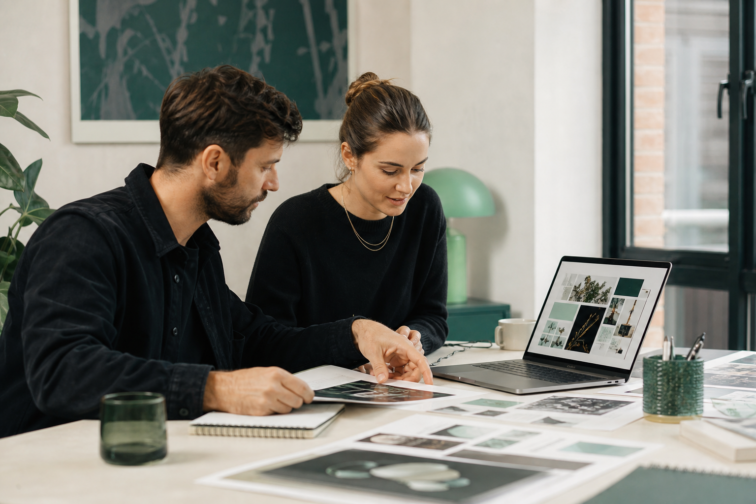 Two Social Mint Media creatives reviewing campaign layouts at a mint-accented desk in a premium studio