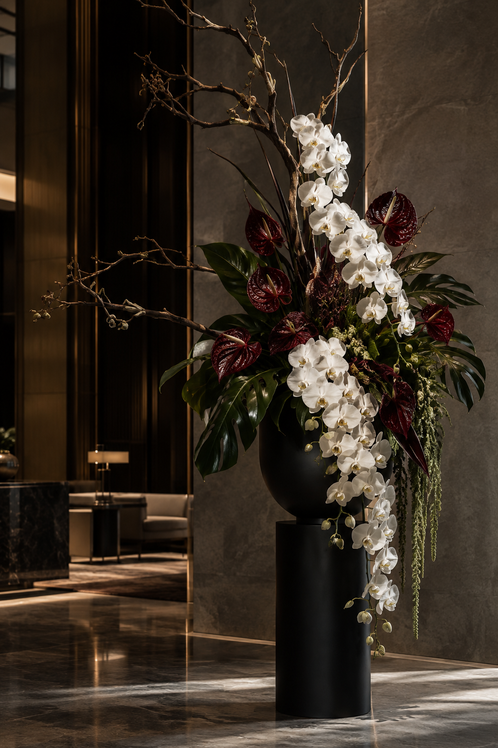 Monumental tropical floral sculpture in a hotel lobby with dramatic branching orchids and deep burgundy anthuriums