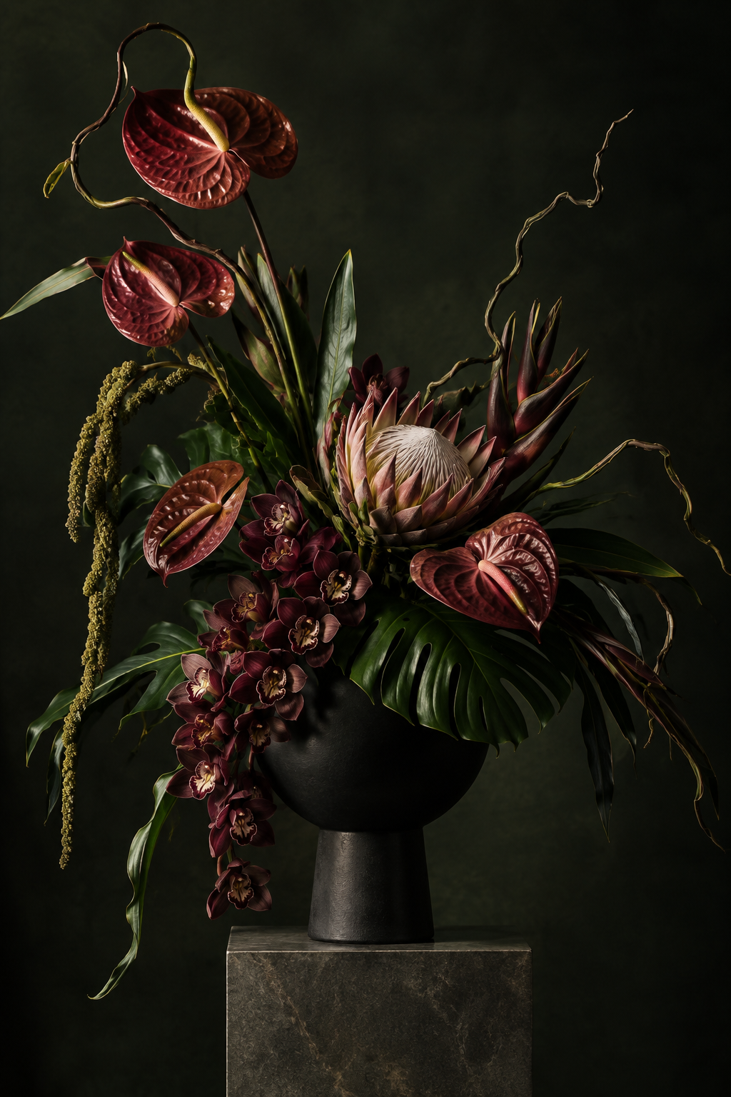 Dark moody editorial still-life of rare exotic flowers in a sculptural arrangement
