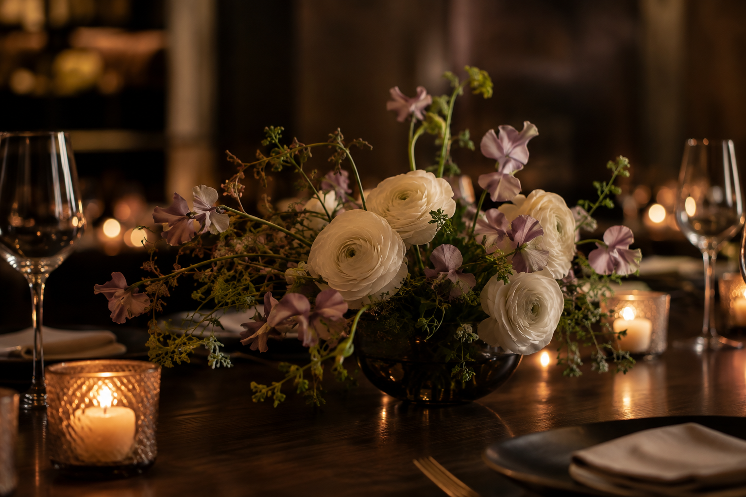 Low and elegant dinner table arrangement with ivory ranunculus and soft mauve sweet peas