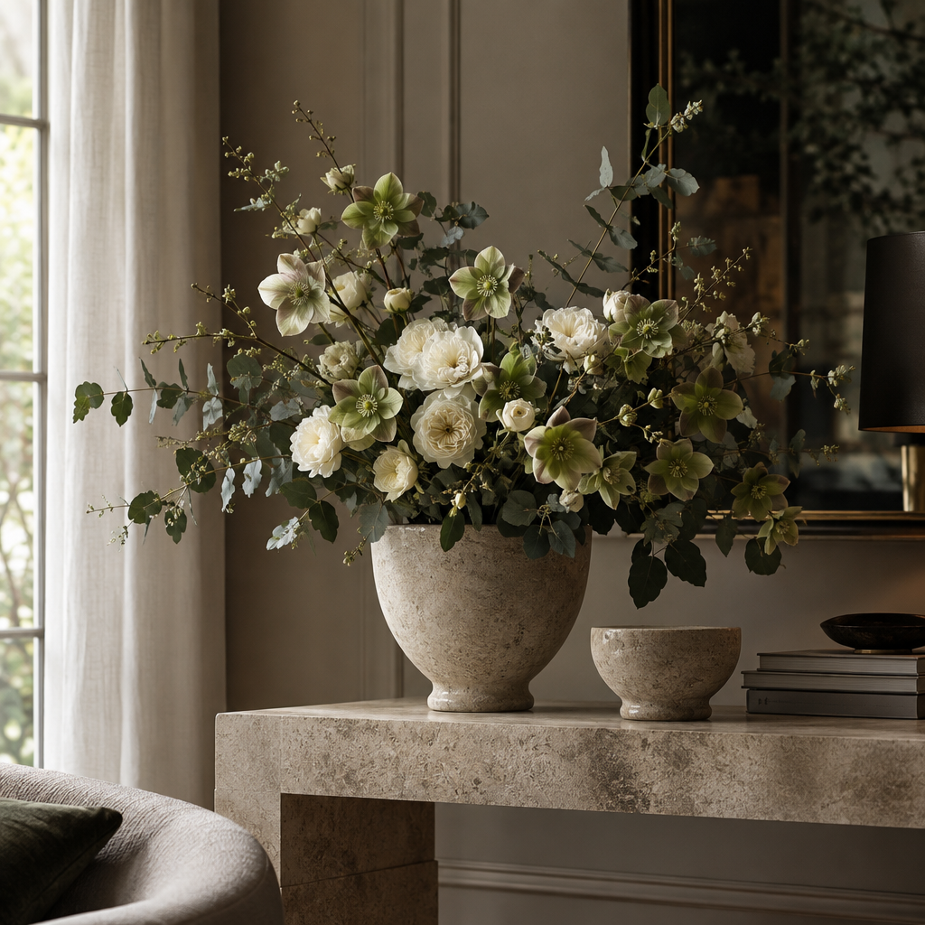 Refined home floral styling with pale green hellebores and cream garden roses in stone vessels