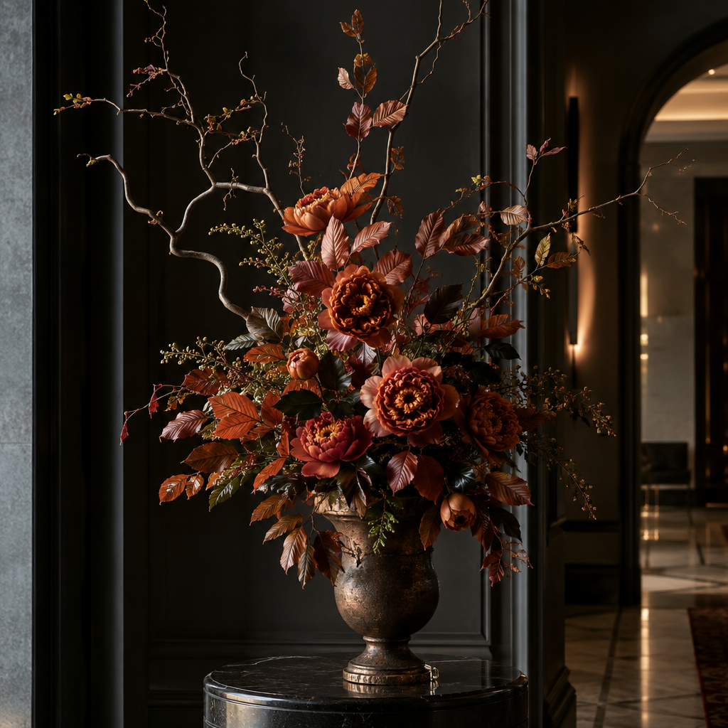 Tall seasonal statement arrangement with rust peonies, copper foliage, and sculptural branches