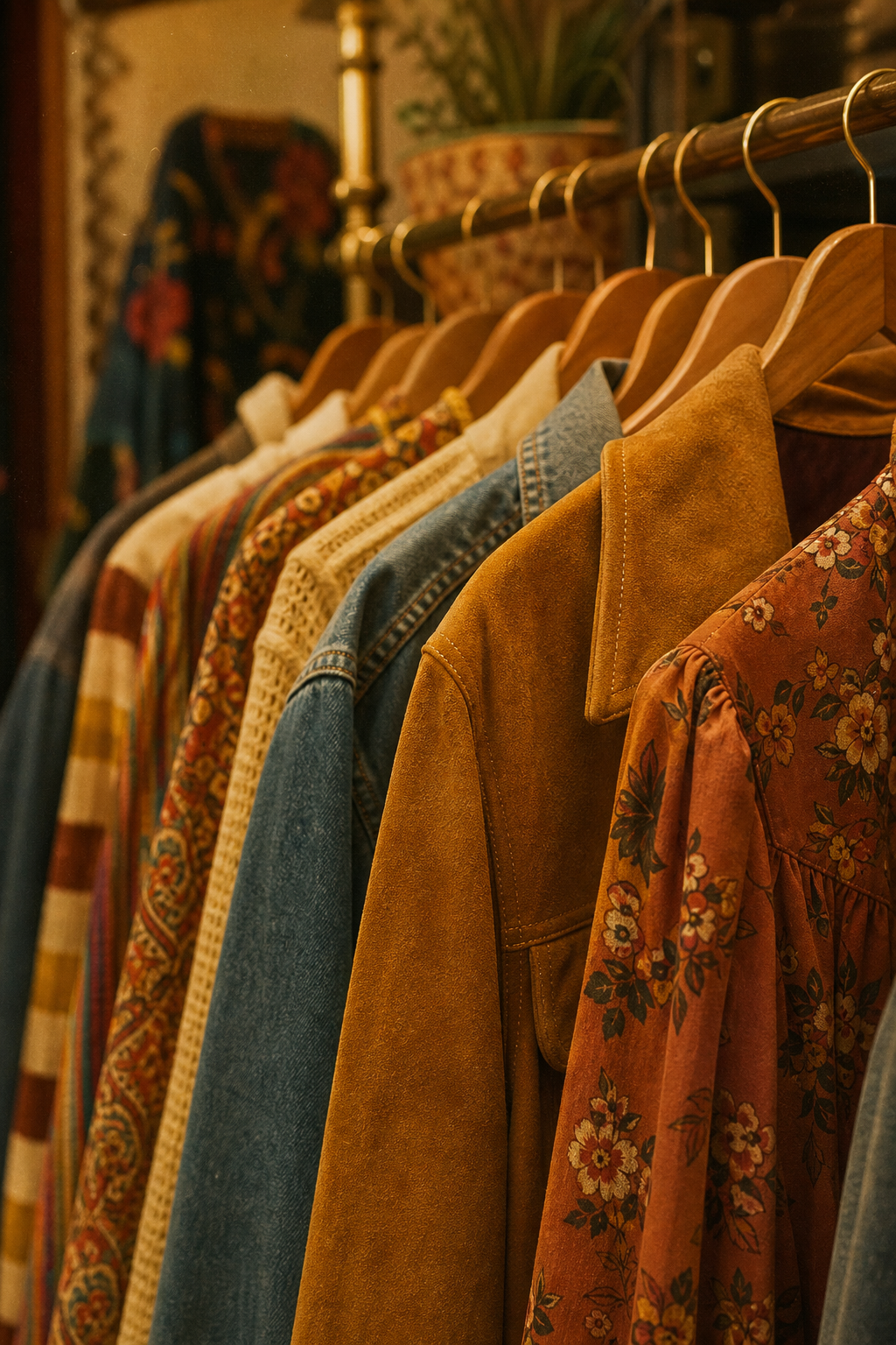 Warm close-up of a curated vintage clothing rack with textured 70s and 80s garments in earthy tones and soft film-like lighting