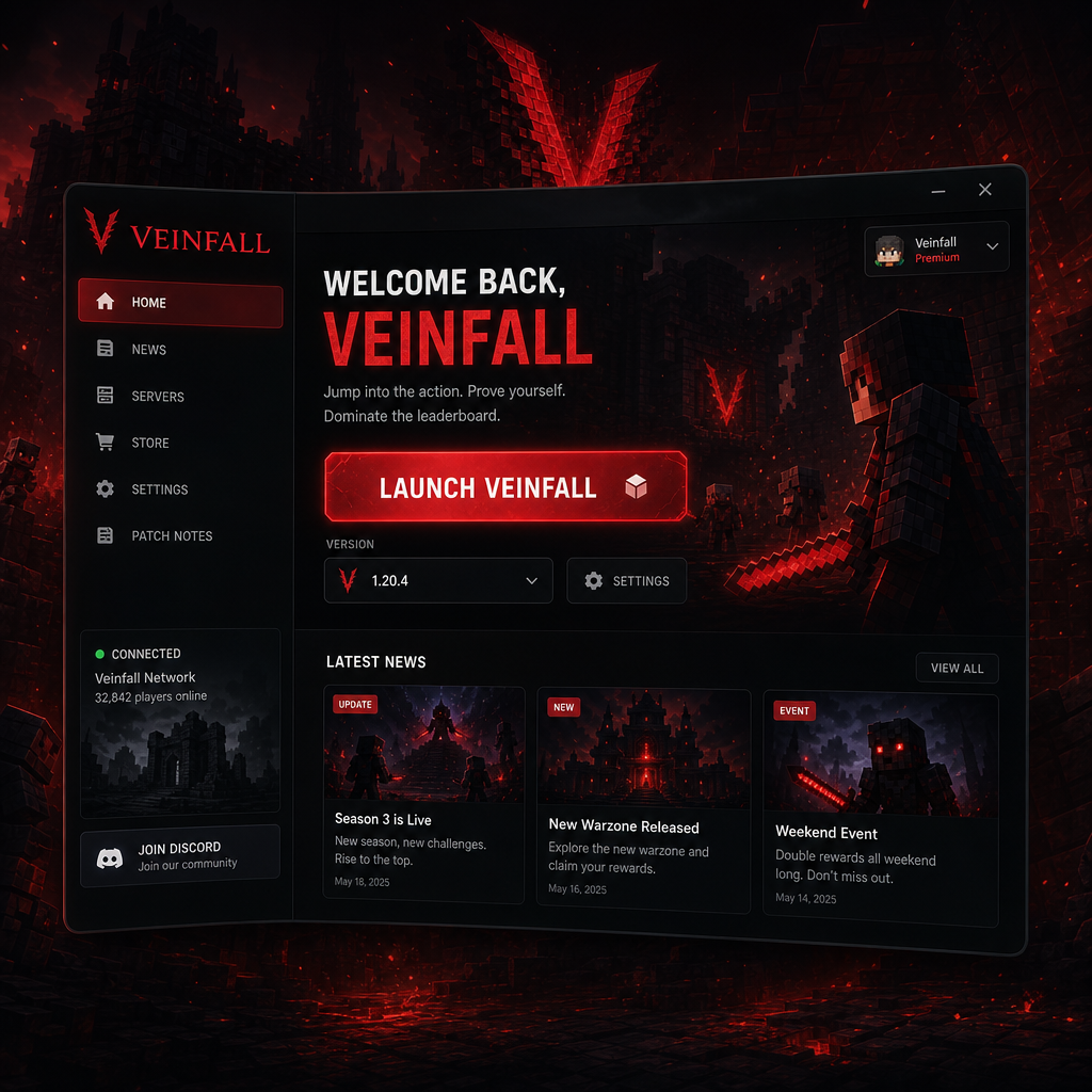 Dark red themed Veinfall Client launcher interface with server selection, news feed, and a prominent launch button