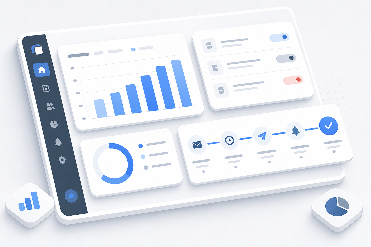 Abstract dashboard illustration showing invoice tracking cards, payment status charts, and automated reminder timeline