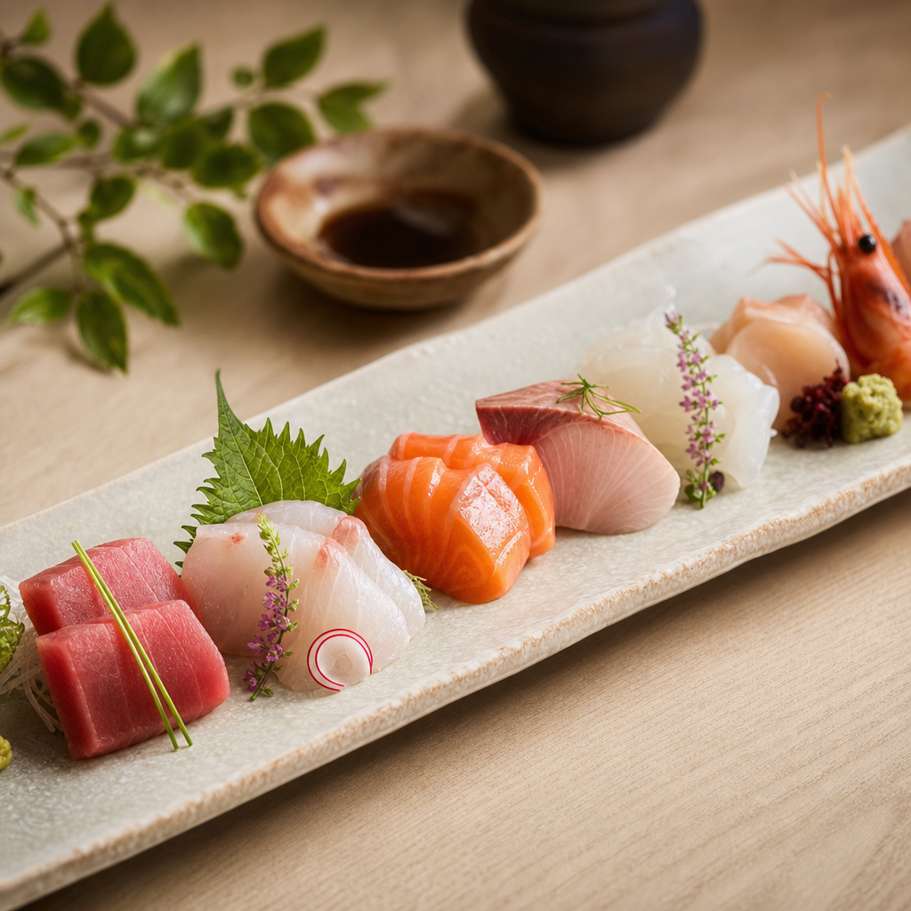 Omakase sashimi tasting set with varied cuts in a minimalist presentation