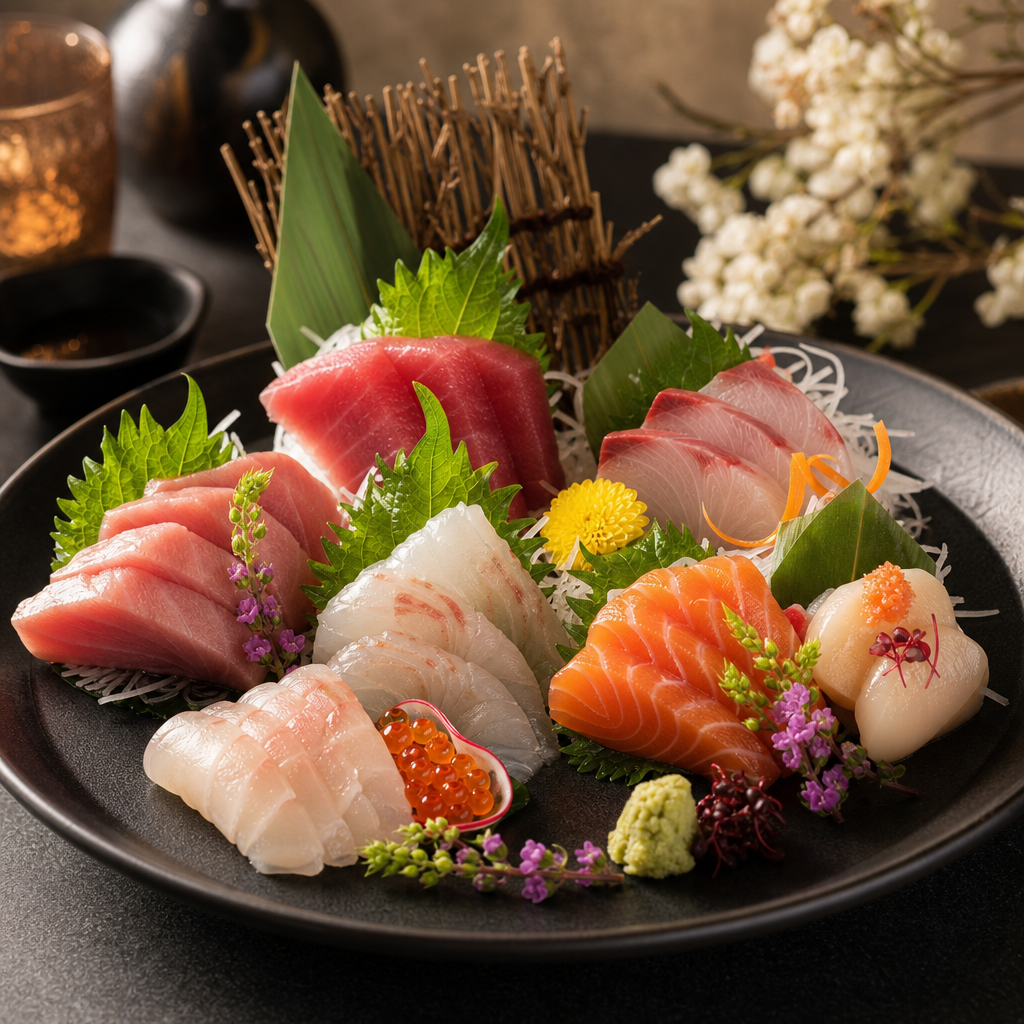 Elegant premium sashimi platter with mixed cuts and delicate garnishes