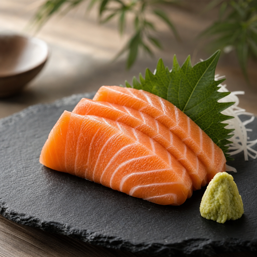 Silky salmon sashimi with coral-orange marbling, arranged on a slate plate with a small mound of wasabi