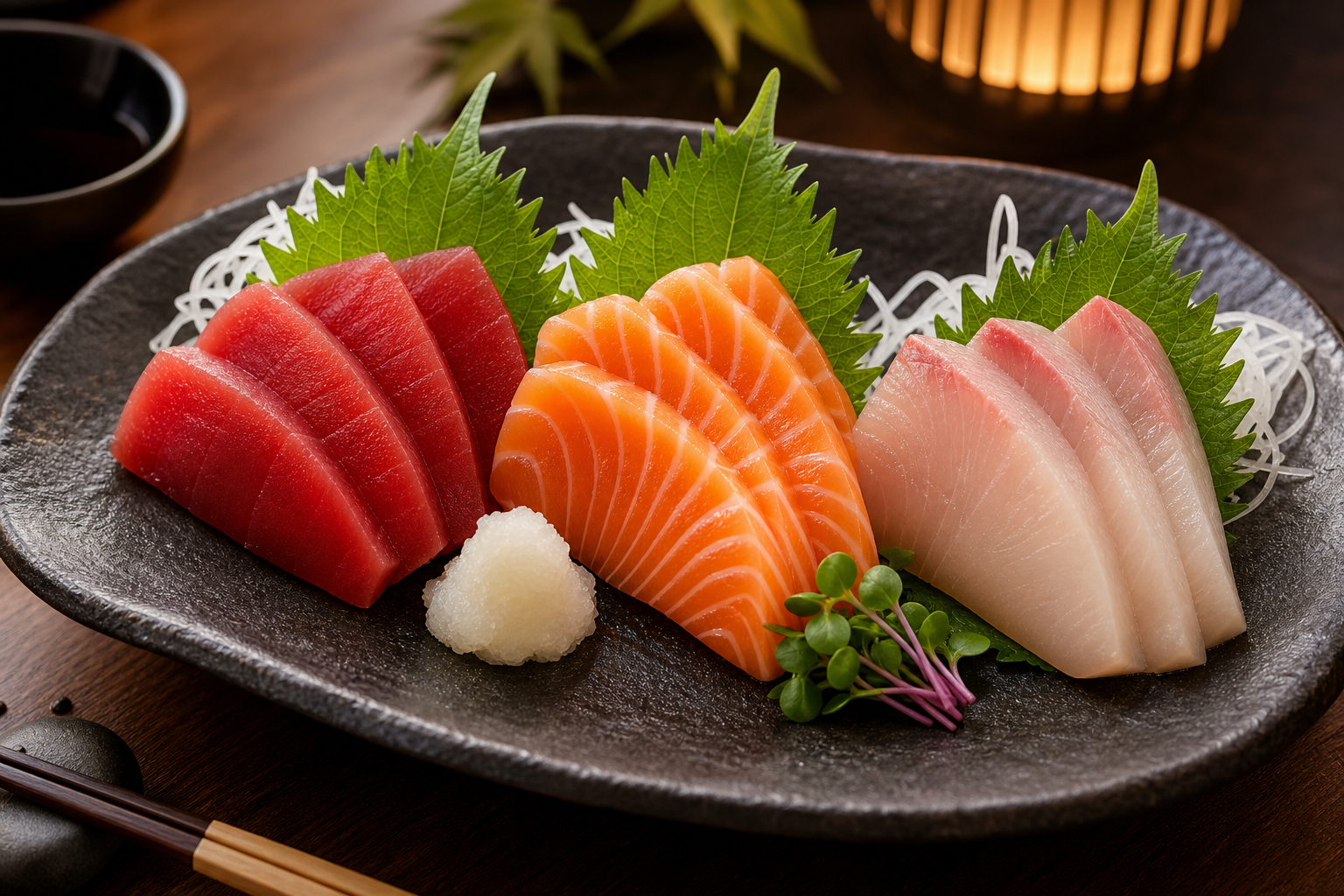 Elegant sashimi platter with glistening tuna, salmon, and yellowtail slices arranged on a dark stone plate with shiso leaves