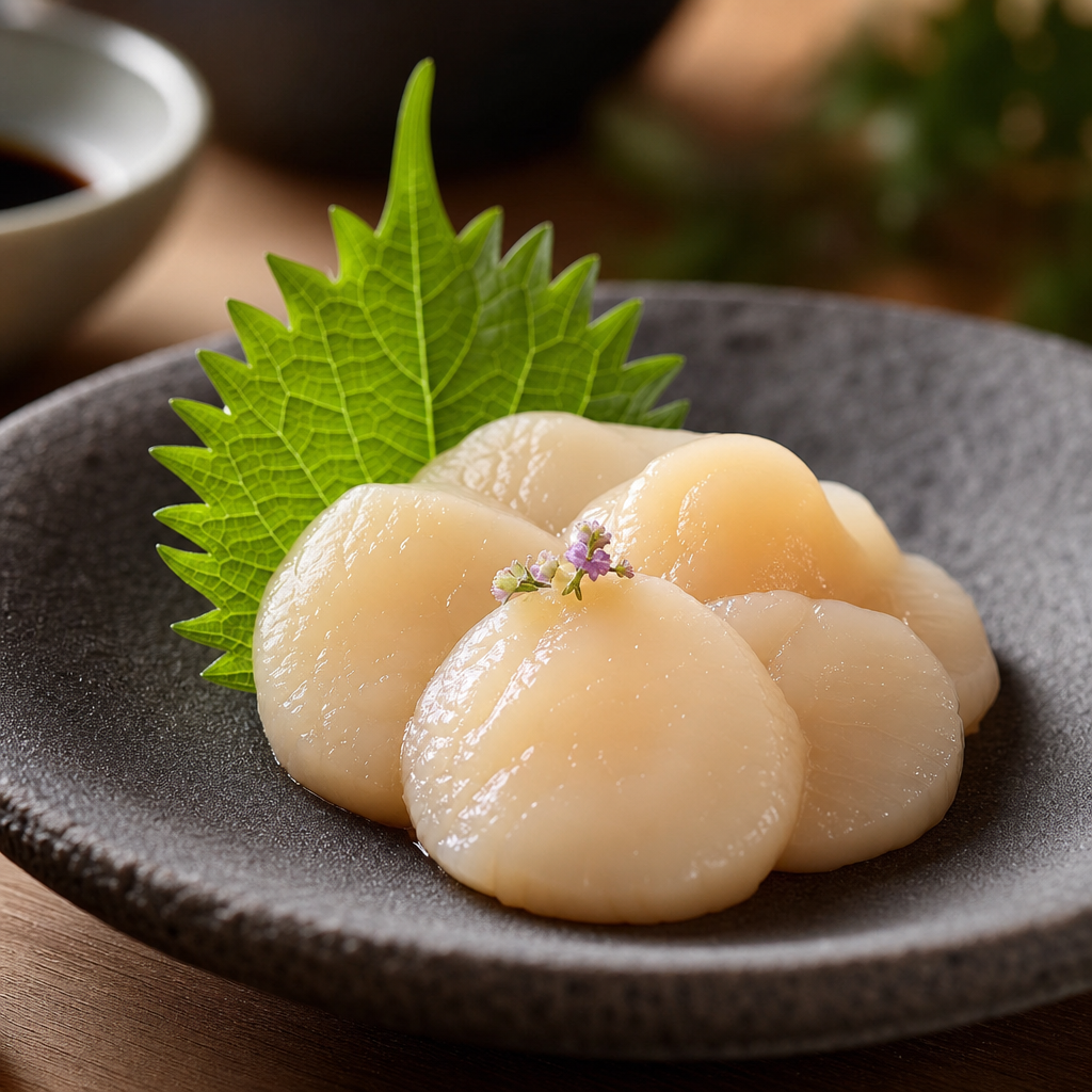 Plump ivory scallop sashimi with a glossy sheen on a dark stone dish