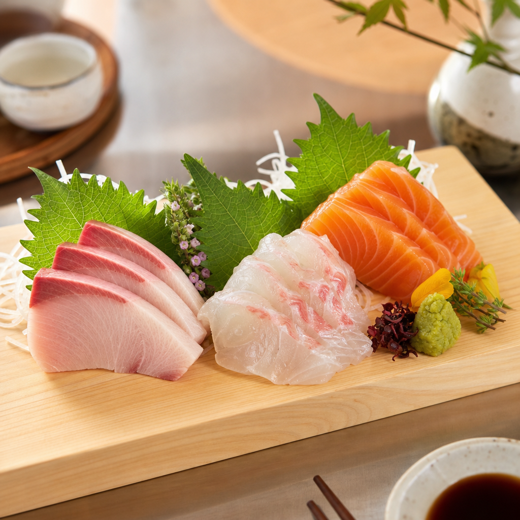 Assortment of seasonal sashimi on a wooden board with green shiso leaves