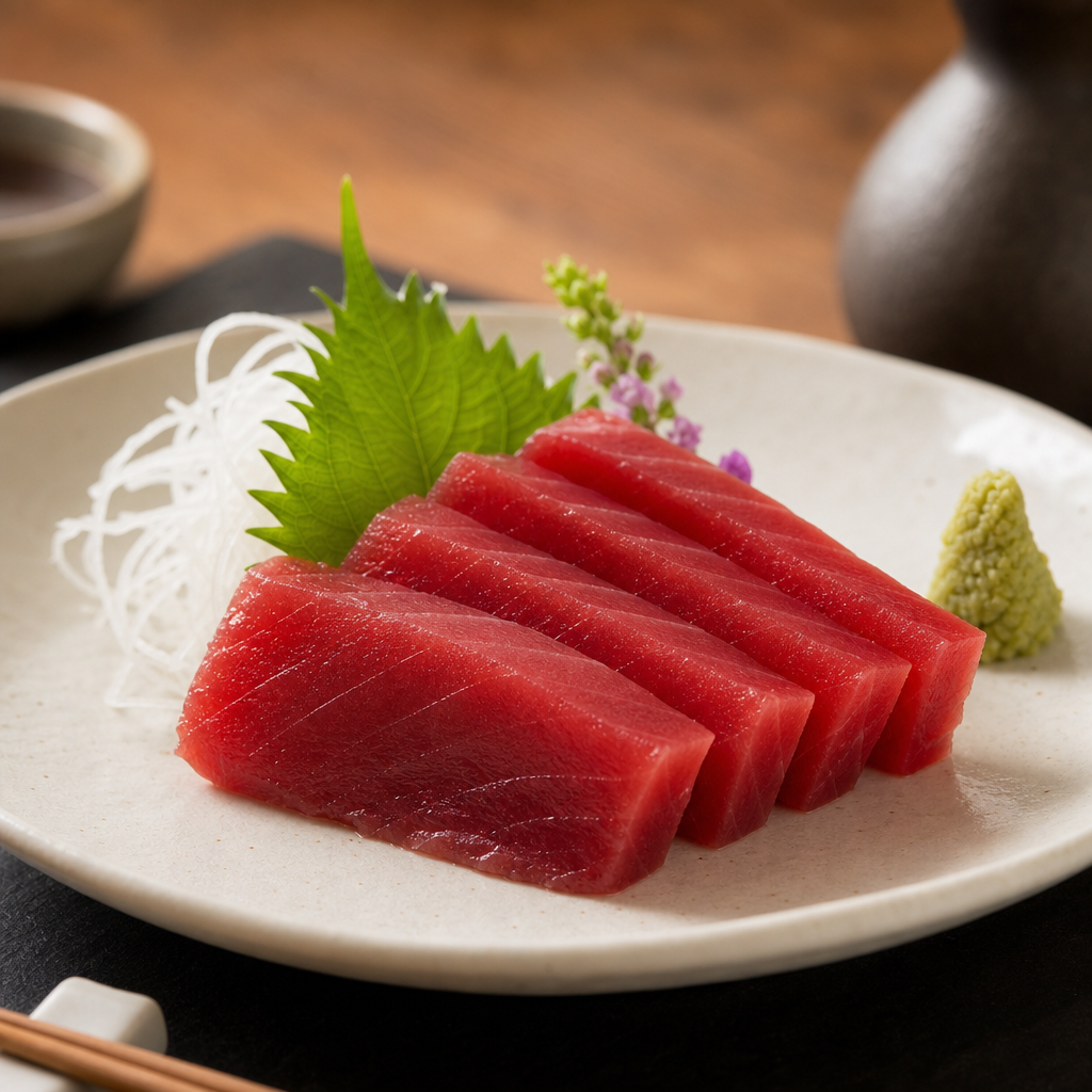 Deep red bluefin tuna sashimi cut into clean rectangles on a white ceramic plate