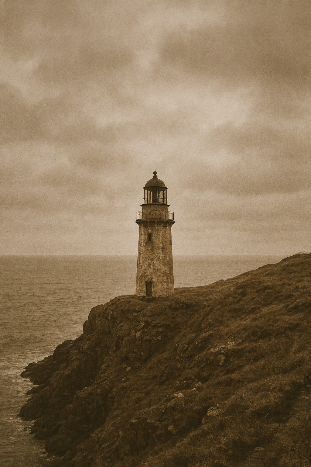 Sepia-toned archival photograph of a solitary stone lighthouse on a rugged northern shoreline under cloudy skies