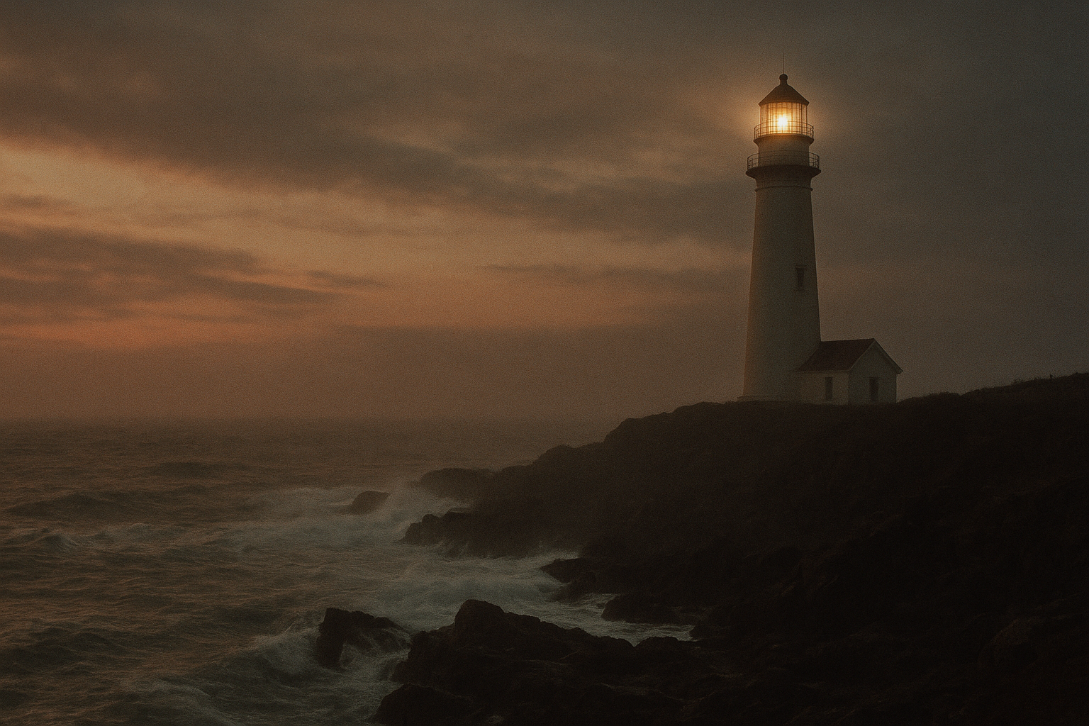 Dramatic lighthouse on a rugged northern coastline at dusk, with warm film-like tones, sea mist, and rolling waves