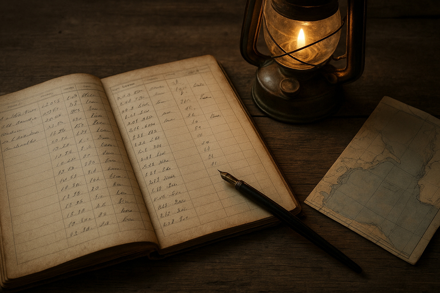 Open lighthouse duty ledger beside a brass lantern on a weathered wooden desk