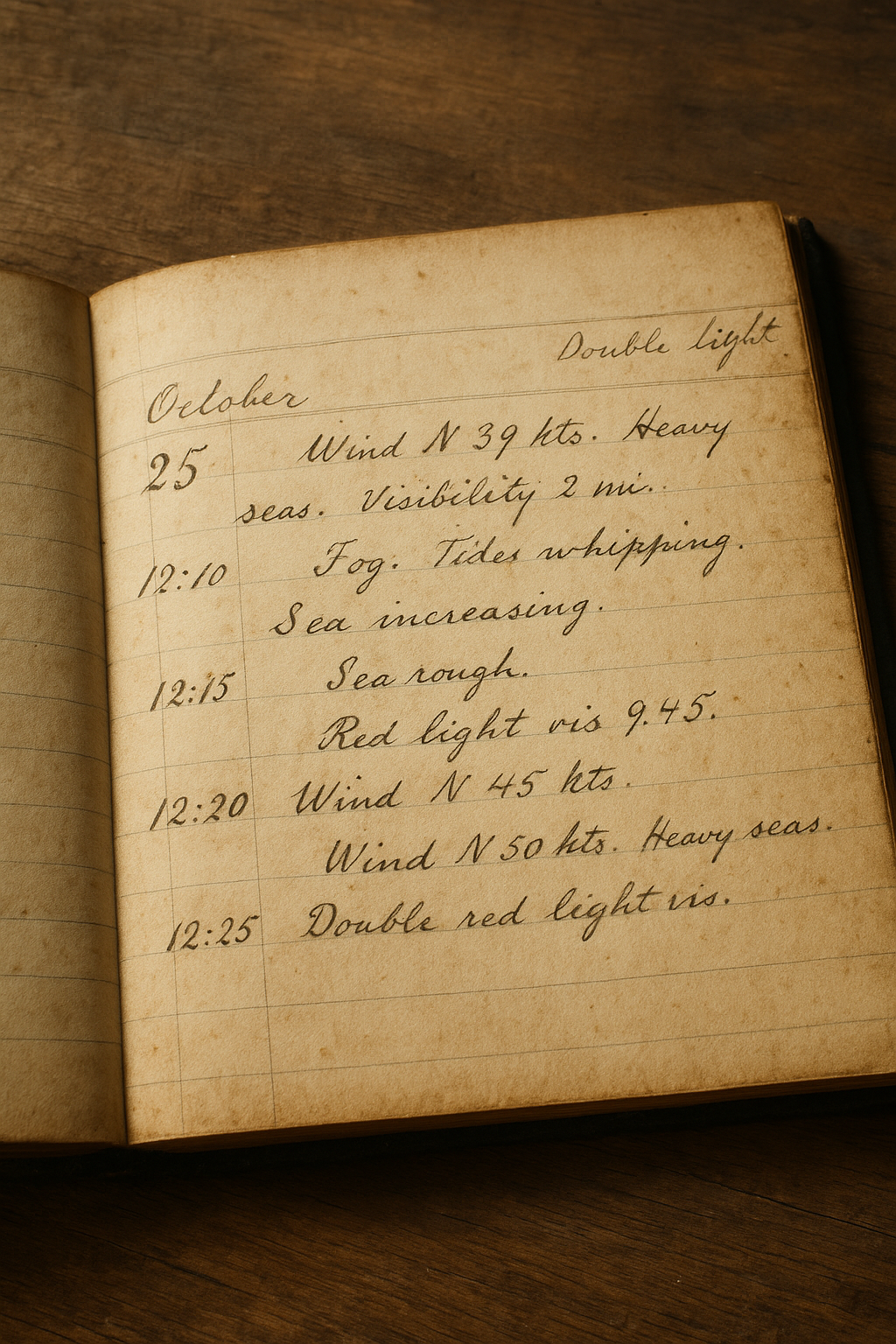 Close archival-style photograph of a weathered lighthouse keeper logbook page with handwritten notes, date stamps, and margin annotations