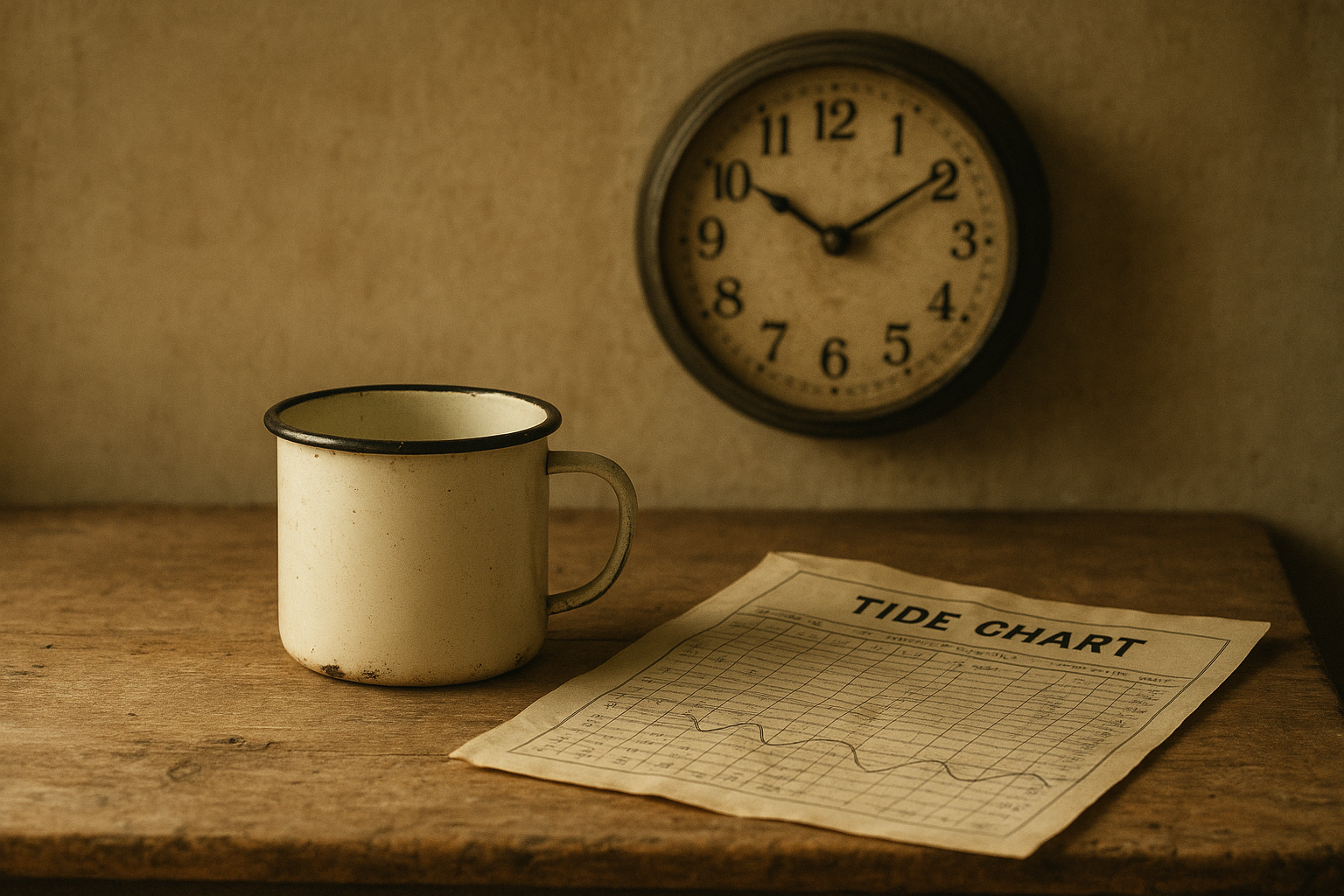 Enamel mug, wall clock, and folded tide chart in a keeper kitchen