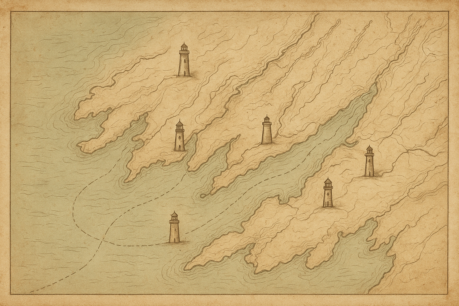 Archival-style illustrated map of the northern coast showing preserved lighthouse towers along coves, fjords, and headlands with muted paper texture