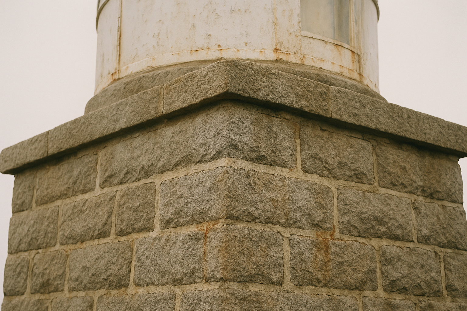 Close-up of weathered lighthouse masonry showing salt-worn stone, patched lime mortar, and aged paint around a lantern base