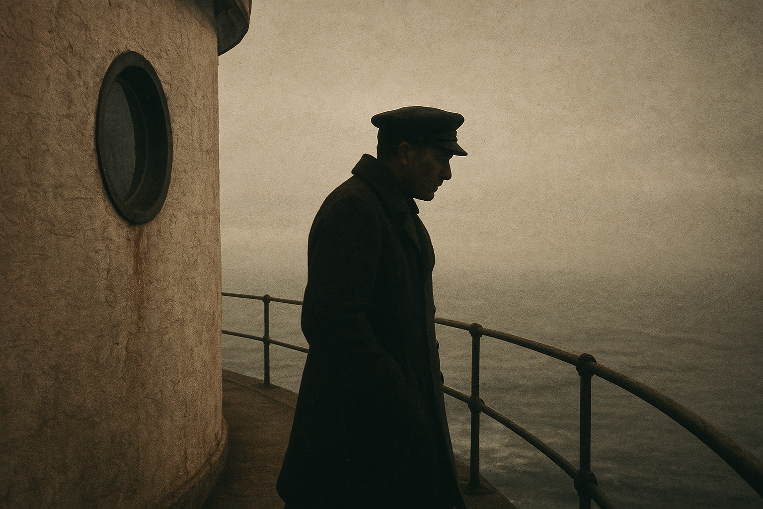 Single keeper in dark coat walking the outer lighthouse gallery at dusk