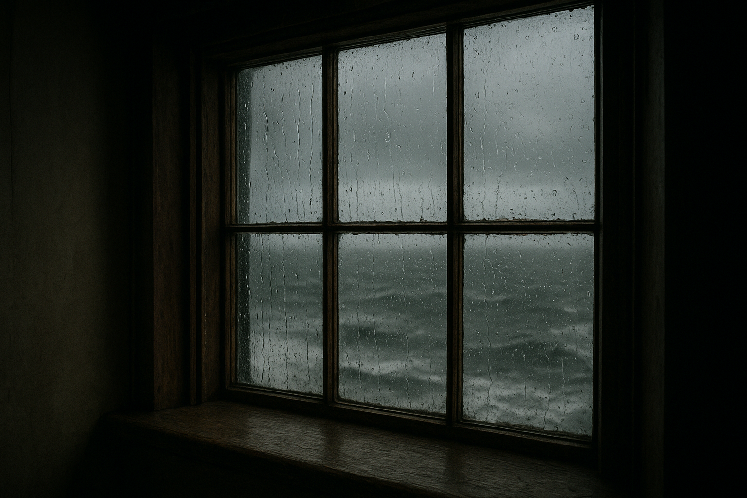 Rain-streaked lighthouse window looking onto rough gray sea under wind