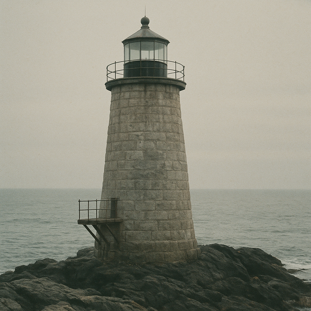 Small archival inset photograph of a weathered stone lighthouse and keeper walkway in cold northern light